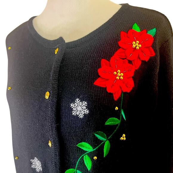 Vintage Black Holiday Cardigan Poinsettia & Snowflake Embroidery Size M (10–12) - Picture 4 of 7